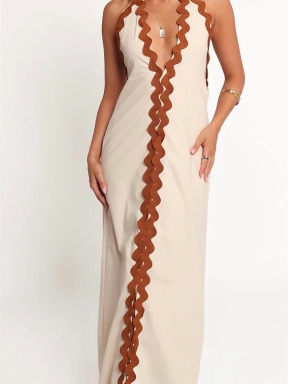 Petal & Pup Cream Maxi Halter Dress with Brown Scalloped Trim